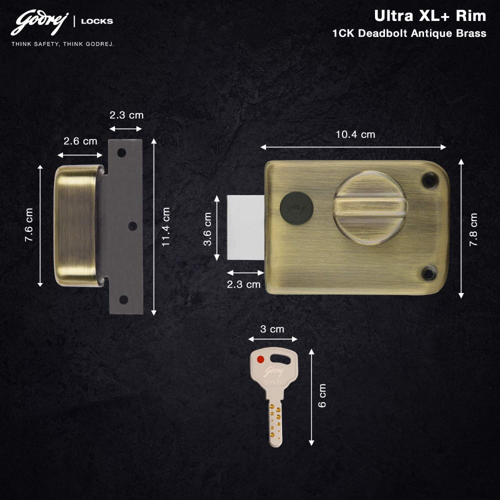 Godrej Rim Lock l 1CK Deadbolt I For Home Main Door I for Outside Opening Main & Safety Door I Left Right Handed Doors I Manual Locking I 4 Keys l Antique Brass Finish l 5 Year Warranty